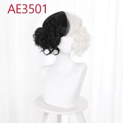 E-AE3501 SHORT CURL WIGS HALF WHITE HALF BLACK CRUELLA FAKE HAIR