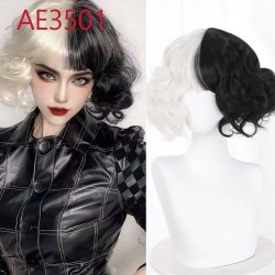 E-AE3501 SHORT CURL WIGS HALF WHITE HALF BLACK CRUELLA FAKE HAIR