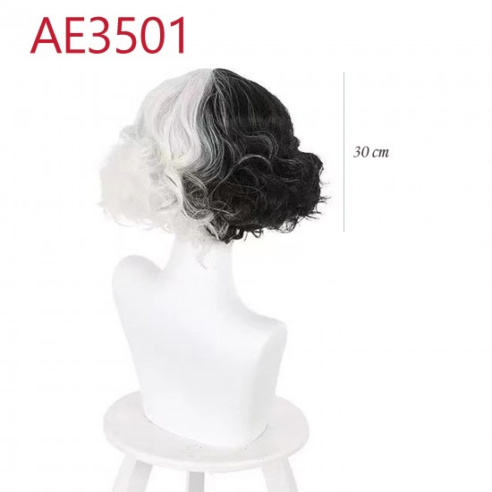 E-AE3501 SHORT CURL WIGS HALF WHITE HALF BLACK CRUELLA FAKE HAIR E-AE3501 SHORT CURL WIGS HALF WHITE HALF BLACK CRUELLA FAKE HAIR
