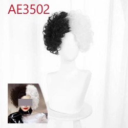 E-AE3502 SHORT CURL WIGS HALF WHITE HALF BLACK CRUELLA FAKE HAIR