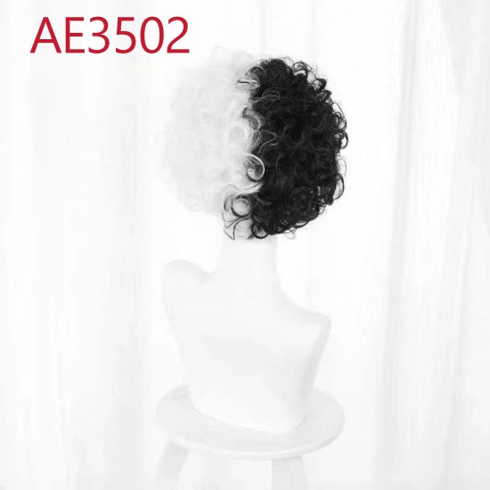 E-AE3502 SHORT CURL WIGS HALF WHITE HALF BLACK CRUELLA FAKE HAIR E-AE3502 SHORT CURL WIGS HALF WHITE HALF BLACK CRUELLA FAKE HAIR