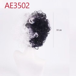 E-AE3502 SHORT CURL WIGS HALF WHITE HALF BLACK CRUELLA FAKE HAIR