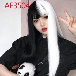 E-AE3504 60CM LONG STRAIGHT WIGS HALF WHITE HALF BLACK CRUELLA FAKE HAIR 