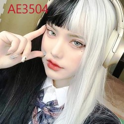 E-AE3504 60CM LONG STRAIGHT WIGS HALF WHITE HALF BLACK CRUELLA FAKE HAIR 