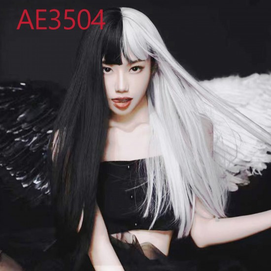 E-AE3504 60CM LONG STRAIGHT WIGS HALF WHITE HALF BLACK CRUELLA FAKE HAIR E-AE3504 60CM LONG STRAIGHT WIGS HALF WHITE HALF BLACK CRUELLA FAKE HAIR