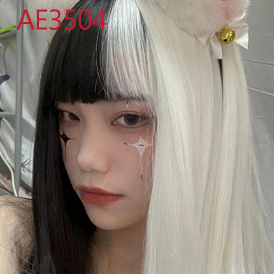 E-AE3504 60CM LONG STRAIGHT WIGS HALF WHITE HALF BLACK CRUELLA FAKE HAIR E-AE3504 60CM LONG STRAIGHT WIGS HALF WHITE HALF BLACK CRUELLA FAKE HAIR