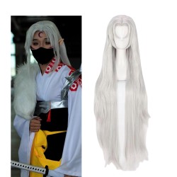 E-AE3580 100CM SILVER WHITE LONG STRAIGHT WIGS SESSHOMARU COSPLAY FAKE HAIR INUYASHA 