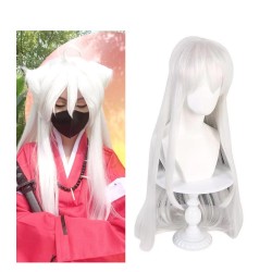 E-AE3581 100CM WHITE LONG STRAIGHT WIGS INUYASHA COSPLAY FAKE HAIR WITH WHITE CATEARS