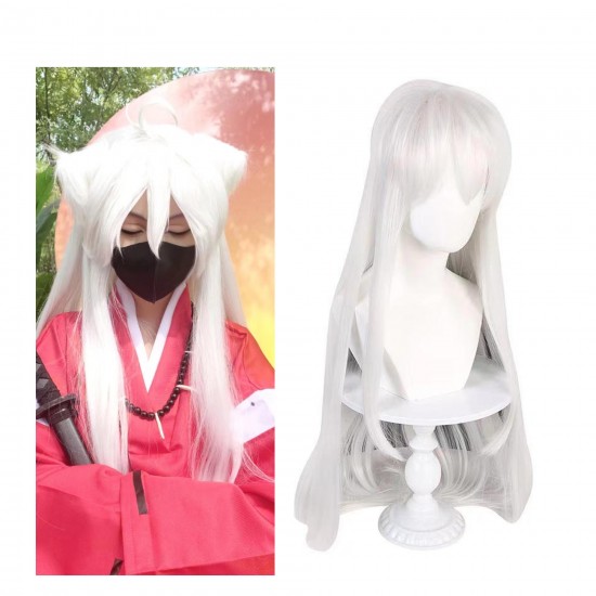E-AE3581 100CM WHITE LONG STRAIGHT WIGS INUYASHA COSPLAY FAKE HAIR WITH WHITE CATEARS E-AE3581 100CM WHITE LONG STRAIGHT WIGS INUYASHA COSPLAY FAKE HAIR WITH WHITE CATEARS