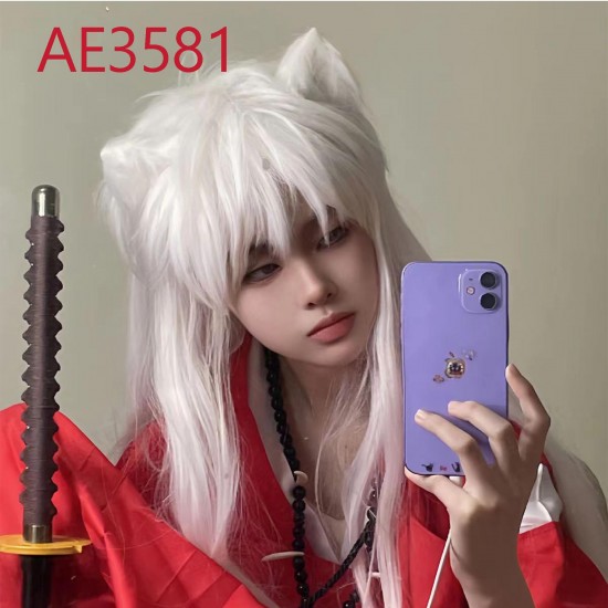 E-AE3581 100CM WHITE LONG STRAIGHT WIGS INUYASHA COSPLAY FAKE HAIR WITH WHITE CATEARS E-AE3581 100CM WHITE LONG STRAIGHT WIGS INUYASHA COSPLAY FAKE HAIR WITH WHITE CATEARS