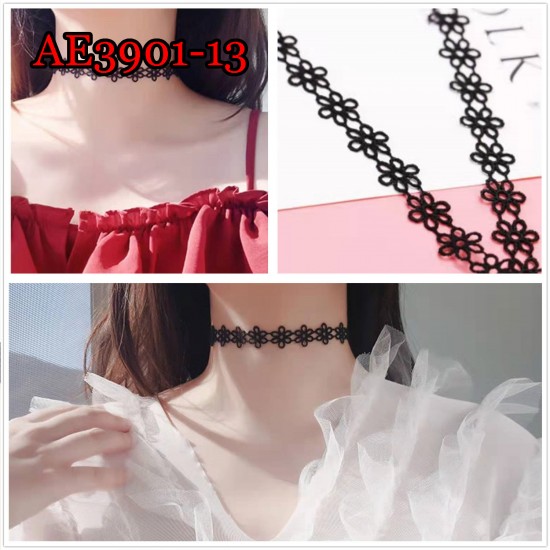 E-AE3901-12  FLOWER BLACK CHOCKER NECKLACE