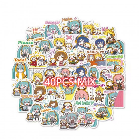 E-AE9693 40PCS/PACK HATSUNE MIKU WITH FANCY WORDS ANIME PVC MIX STICKERS