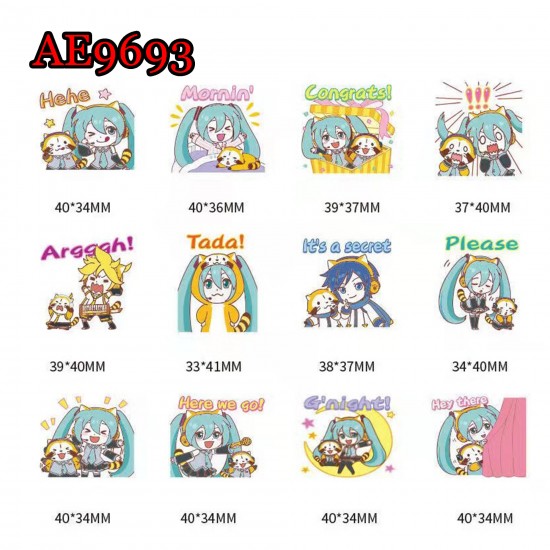 E-AE9693 40PCS/PACK HATSUNE MIKU WITH FANCY WORDS ANIME PVC MIX STICKERS