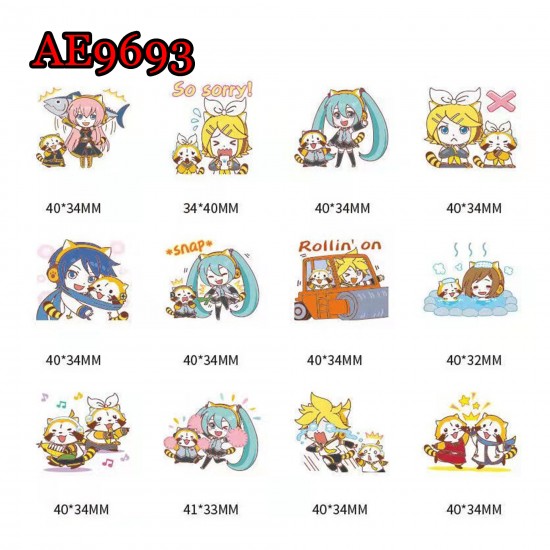 E-AE9693 40PCS/PACK HATSUNE MIKU WITH FANCY WORDS ANIME PVC MIX STICKERS