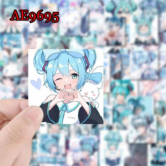 E-AE9696 52PCS/PACK SQUARE HATSUNE MIKU WITH DOG ANIME PVC MIX STICKERS