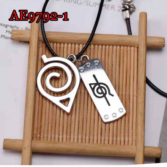 E-AE9792-1 NARUTO TWO LOGO SILVER LEAF COSPLAY ANIME ACCESSORIES NECKLACE