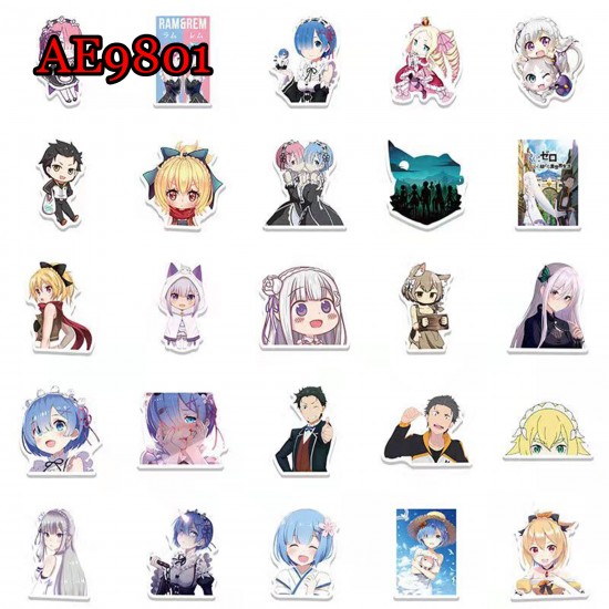 E-AE9801 50PCS/PACK LIFE IN A DIFFERENT WORLD FROM ZERO ANIME PVC MIX STICKERS E-AE9801 50PCS/PACK LIFE IN A DIFFERENT WORLD FROM ZERO ANIME PVC MIX STICKERS