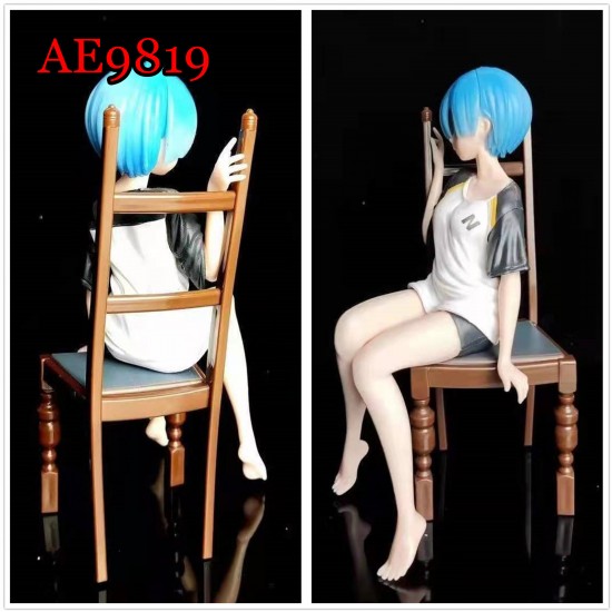 E-AE9819 16CM LIFE IN A DIFFERENT WORLD FROM ZERO REM IN T-SHIRT WITH CHAIR ANIME ACTION FIGURE CAKE TOPPERS