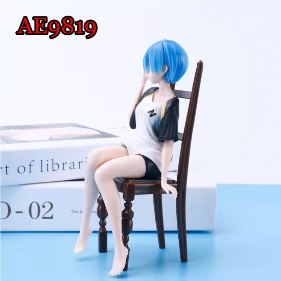 E-AE9819 16CM LIFE IN A DIFFERENT WORLD FROM ZERO REM IN T-SHIRT WITH CHAIR ANIME ACTION FIGURE CAKE TOPPERS